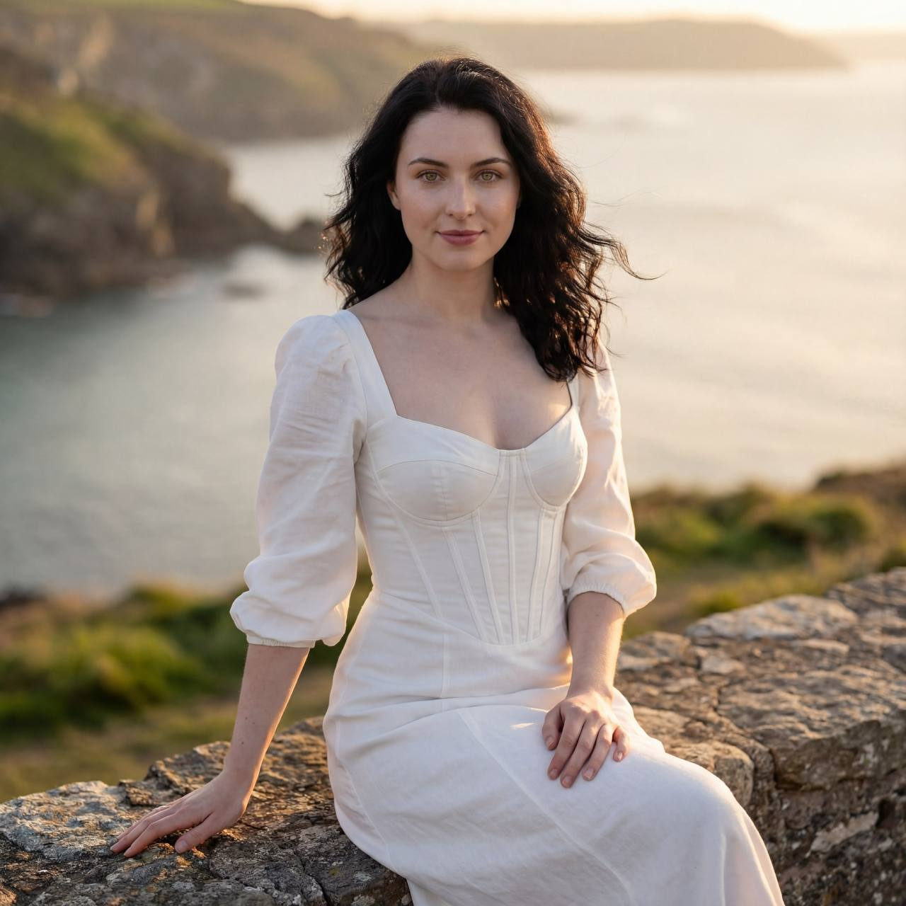 Seaside Woman in White Dress