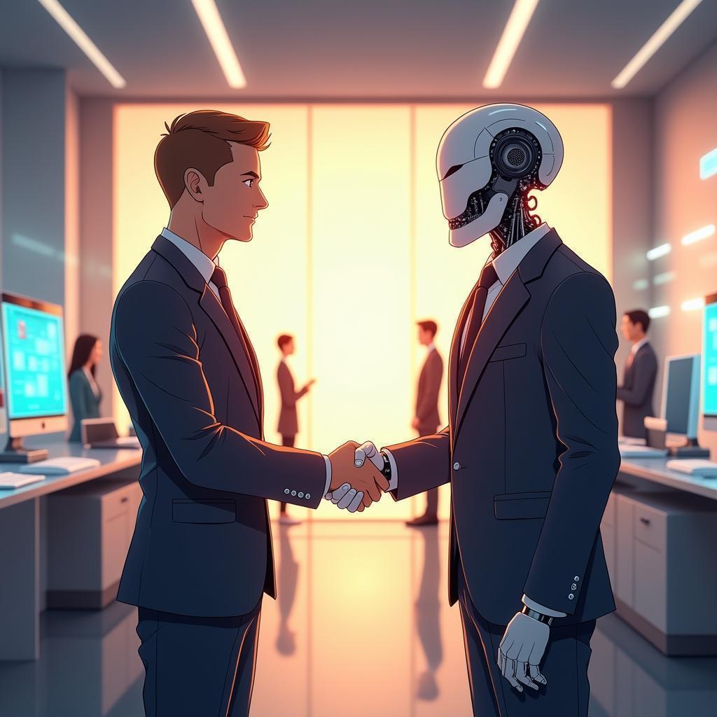 Man and Robot Handshake in Anime Office