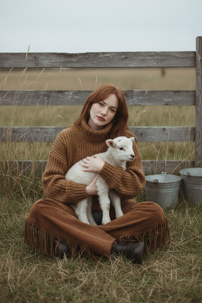 Woman Cradling Lamb in Pastoral Field