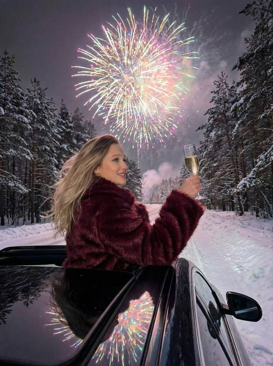 Champagne Toast in Snowy Fireworks Night