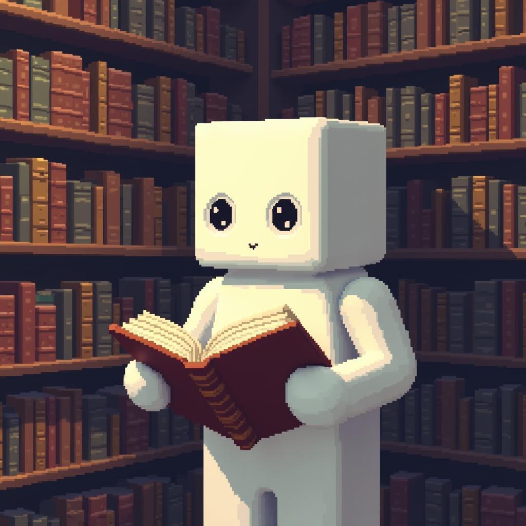 Pixel Librarian in White Among Dusty Tomes