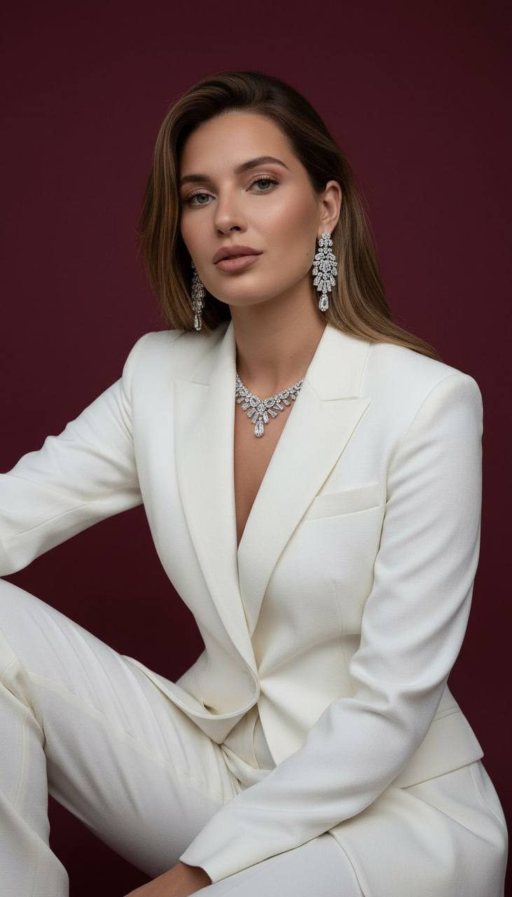 Burgundy Elegance White Suit Editorial