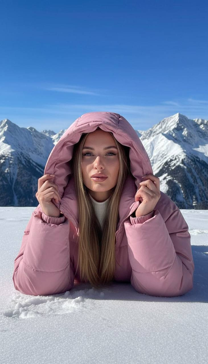 Nordic Woman in Pink Puffer Snow