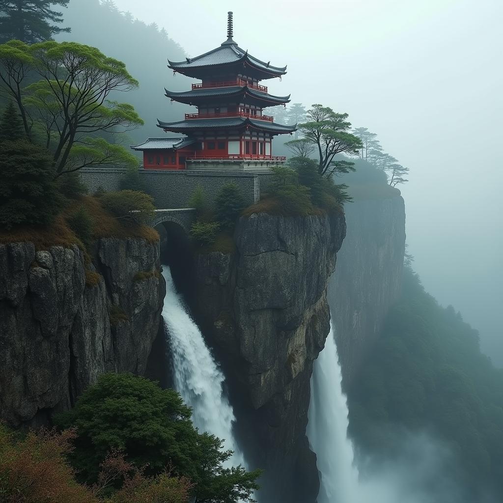 Fomapan Temple on a Cliff With Waterfall