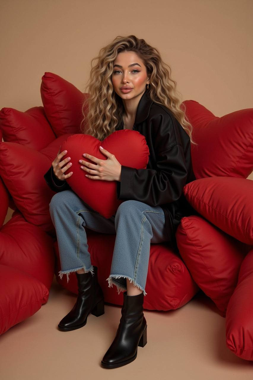 Dreamy Girl Hugging Red Heart