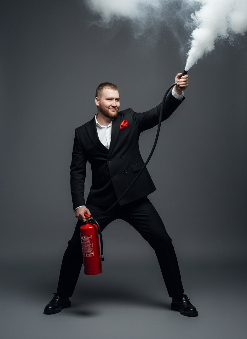 Suited Man Fire Extinguisher Portrait