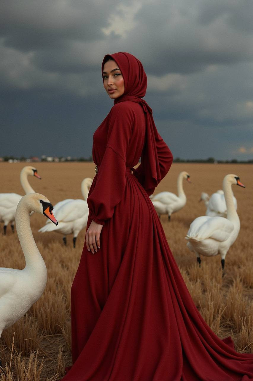 Red Gown Swans Wheat Field