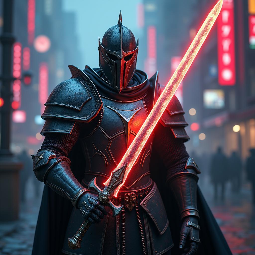 Medieval Knight With Glowing Sword in Neon