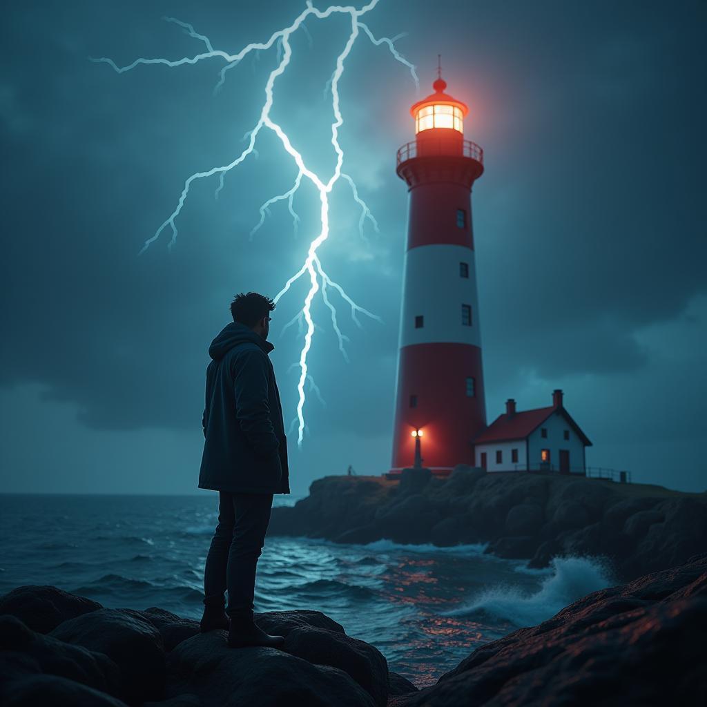 Lightning Storm Over a Red White Lighthouse