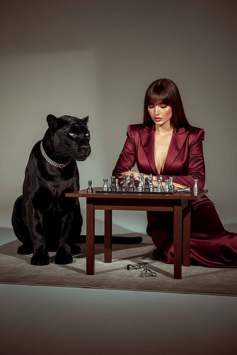 Woman Playing Chess with Panther