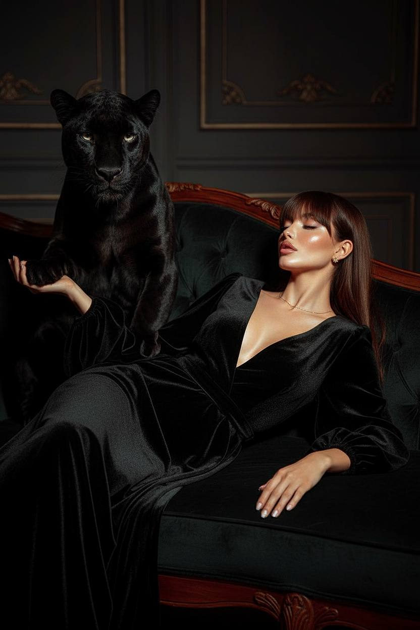 Elegant Woman Reclining With Black Panther