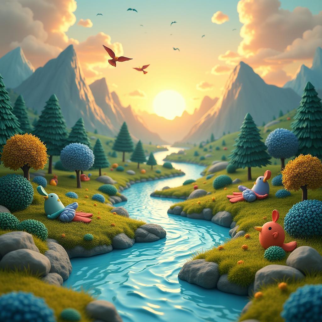 Whimsical Claymation Mountains and Winding River