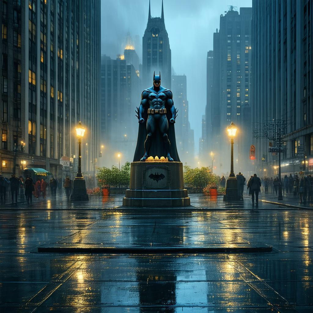 Gotham Statue Glistening on Rainy Night Streets