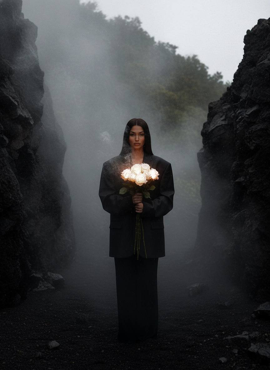 Burning White Rose in Mist
