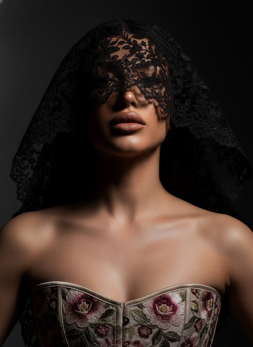 Mysterious Lace-Veiled Woman in High-Fashion Portrait