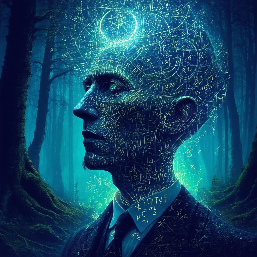 Lovecraft Portrait Wreathed in Glowing Forest Runes
