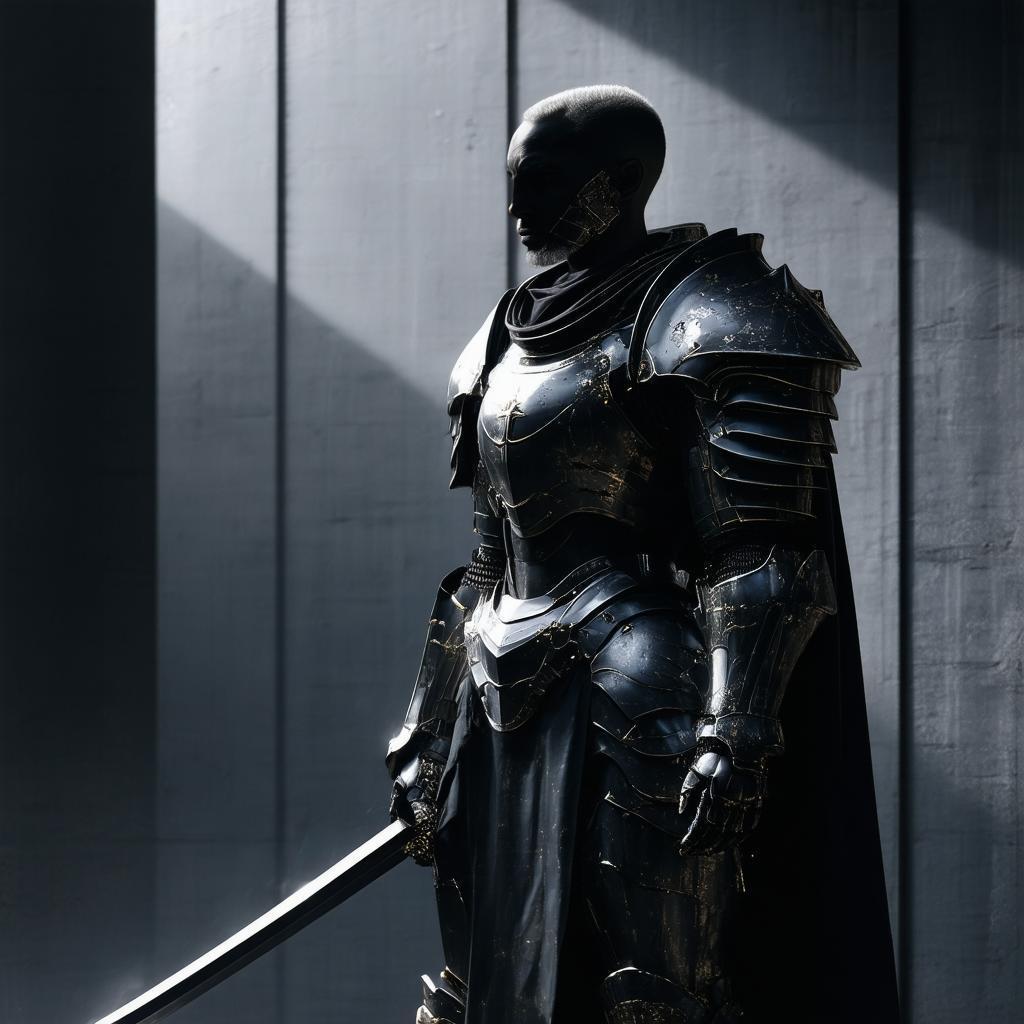 Stoic Futuristic Warrior in Monochrome Shadow