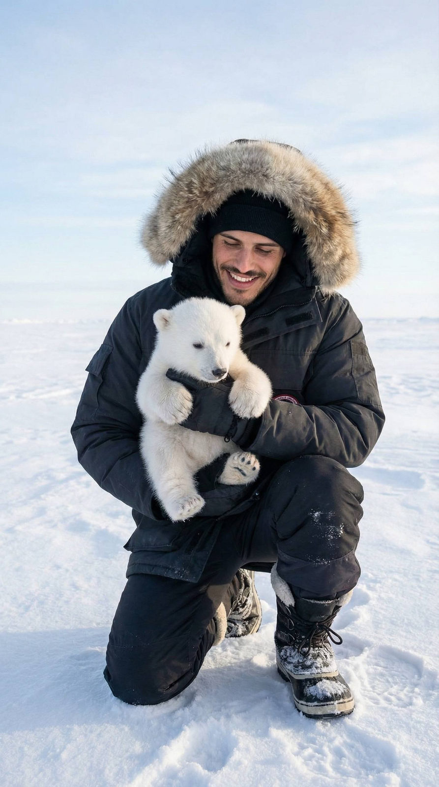 Man Cuddles Polar Bear Cub