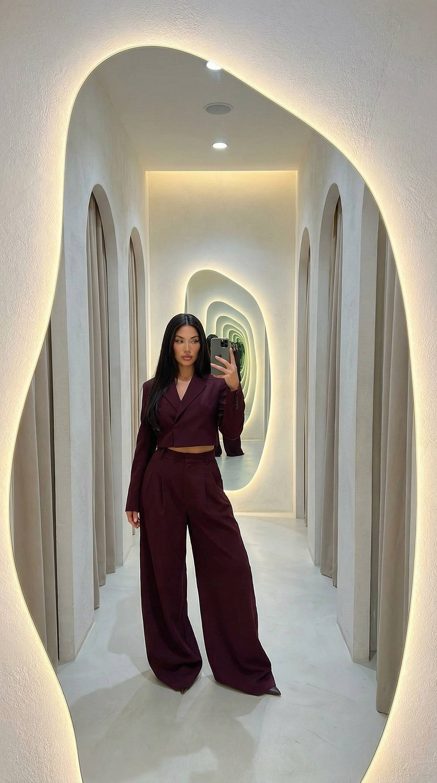 Mirror Elegance: Burgundy Power Suit