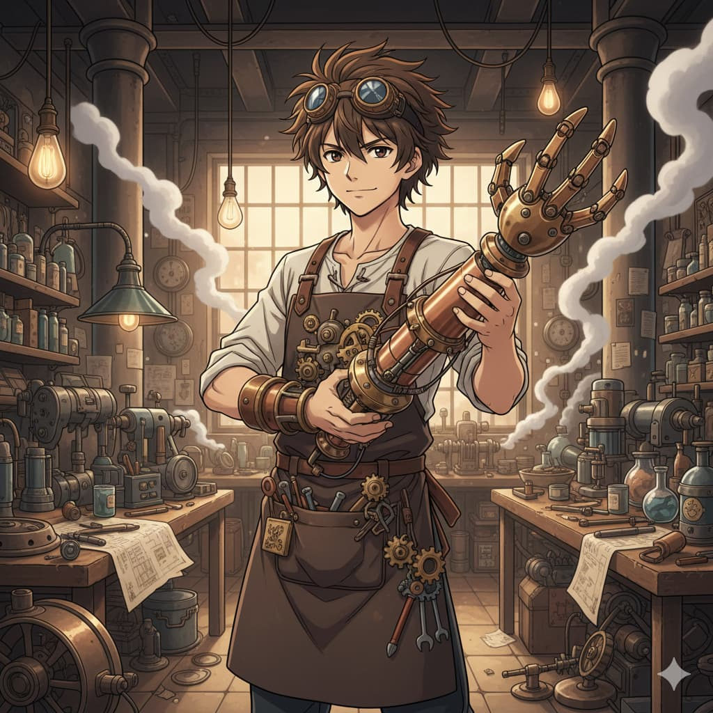 Steampunk Anime Inventor in Workshop