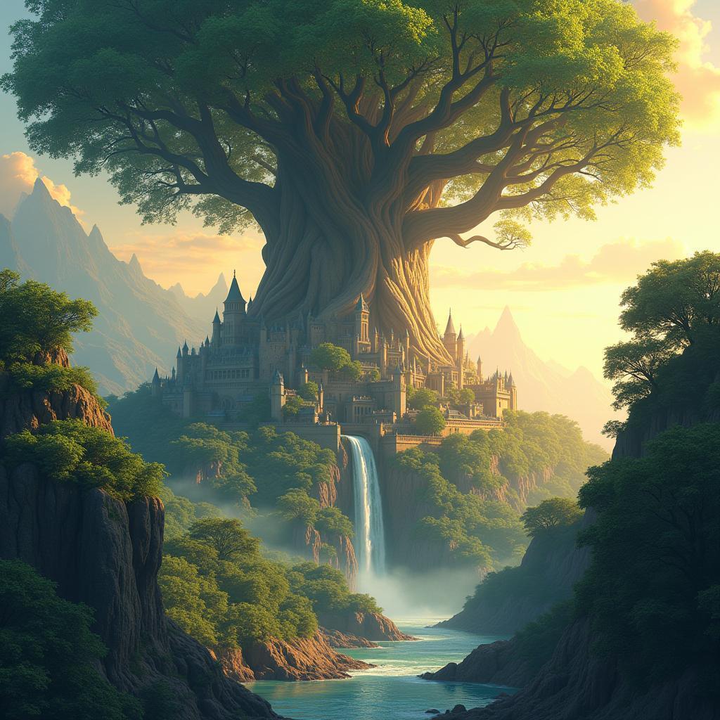 Fantasy City Nestled in Yggdrasil Branches