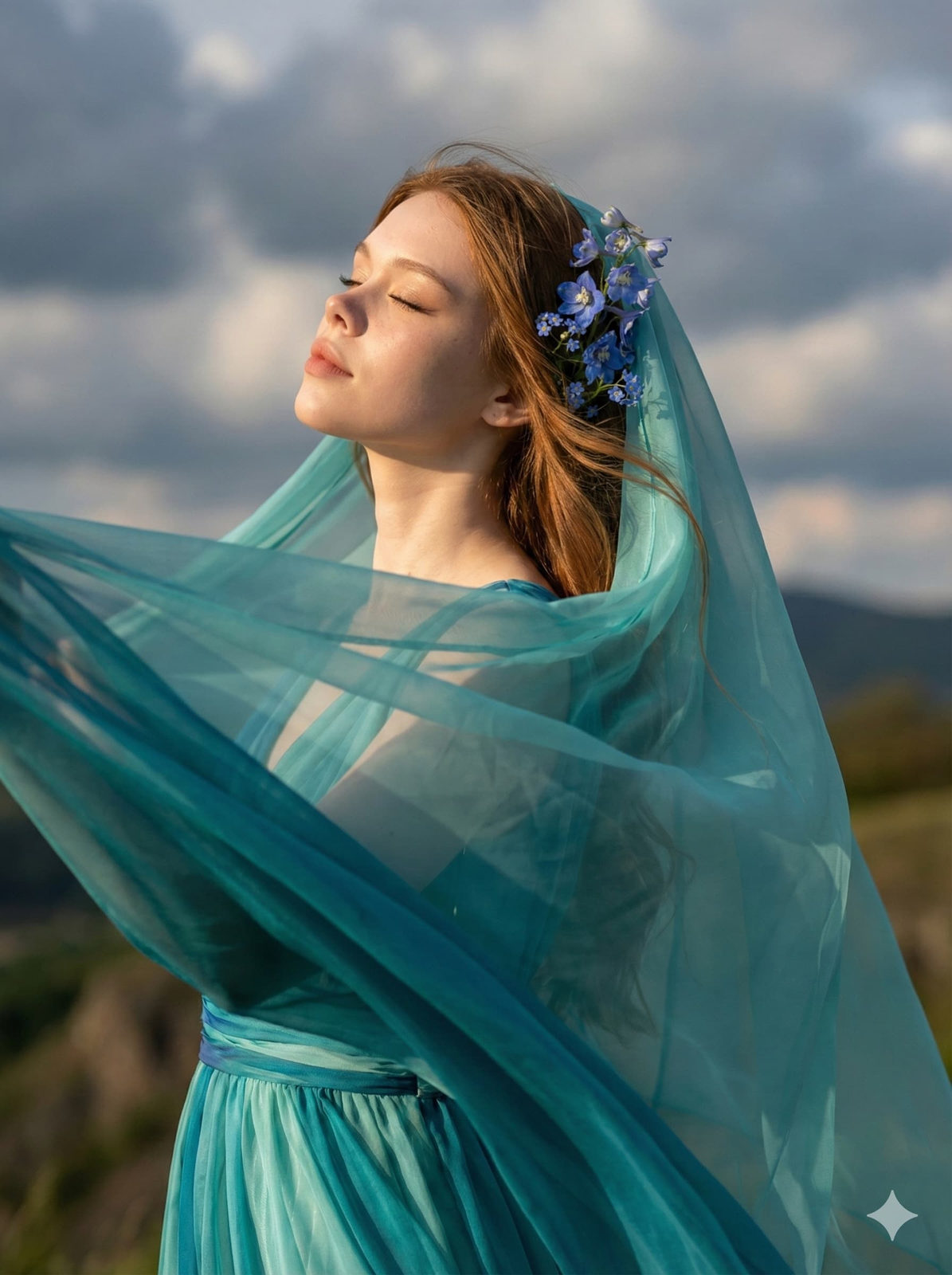 Teal Gown Woman Golden Hour Wind