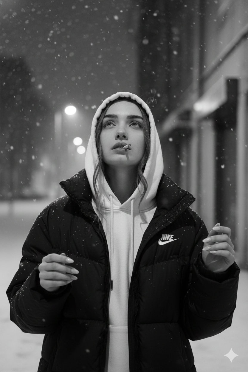 Melancholic Snowy Night Portrait
