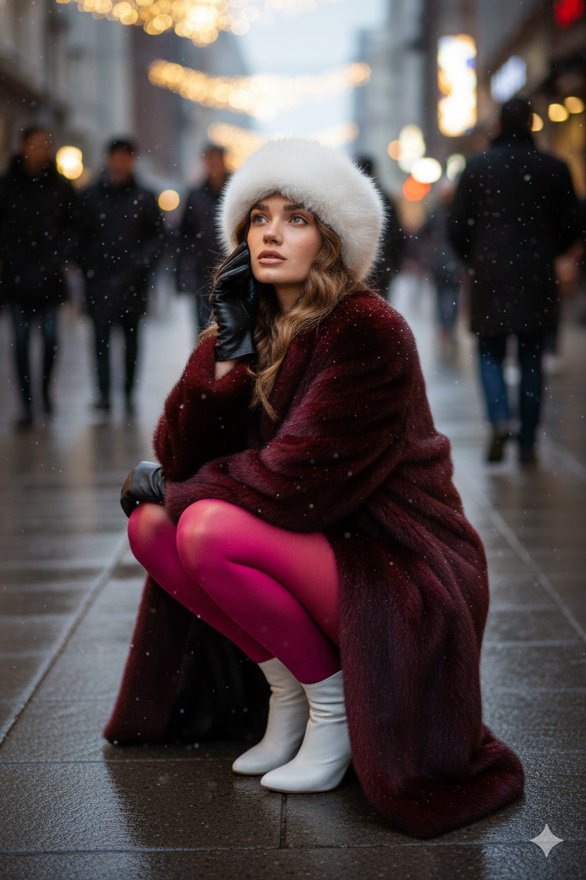 Glamorous Winter Street Portrait with Red Fur