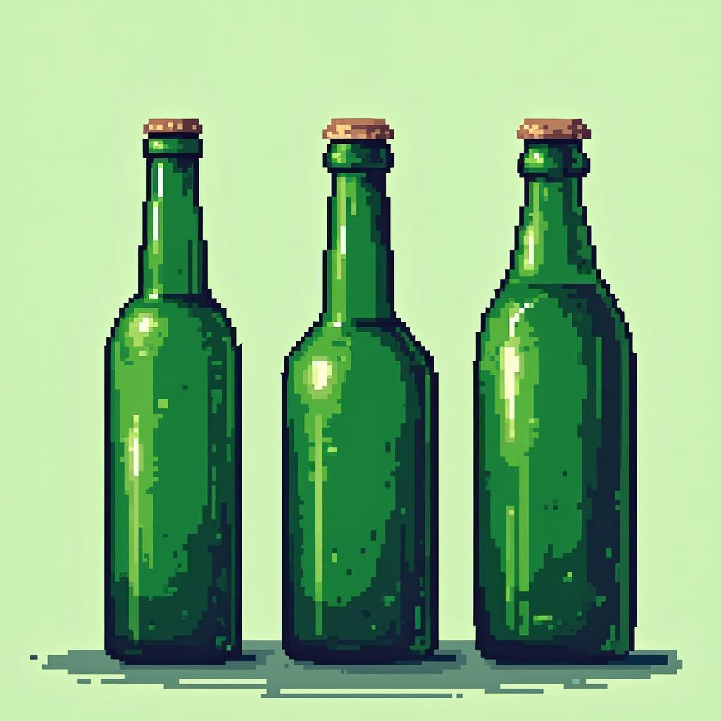 Three Green Glass Bottles in Retro Pixels