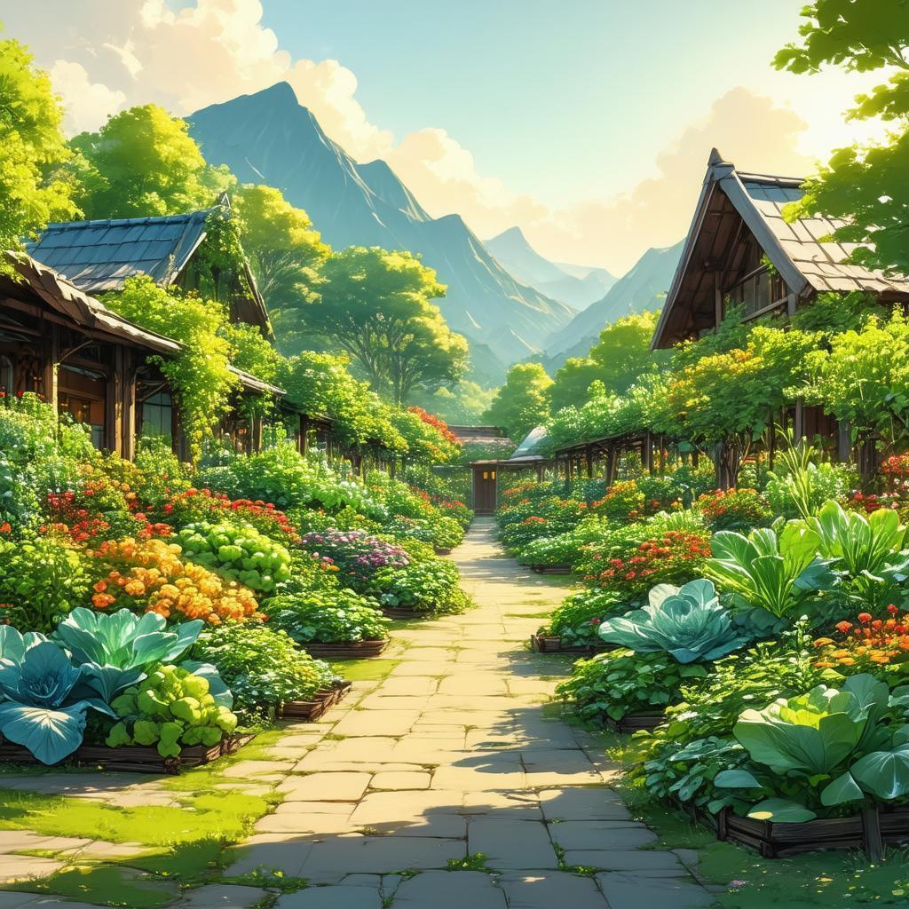 Serene Anime Vegetable Garden at Golden Hour
