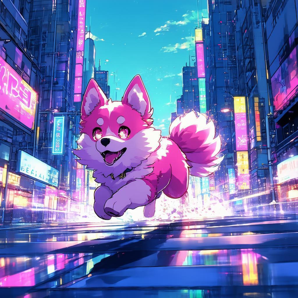 Pink Furred Dog Racing Through Neon Streets