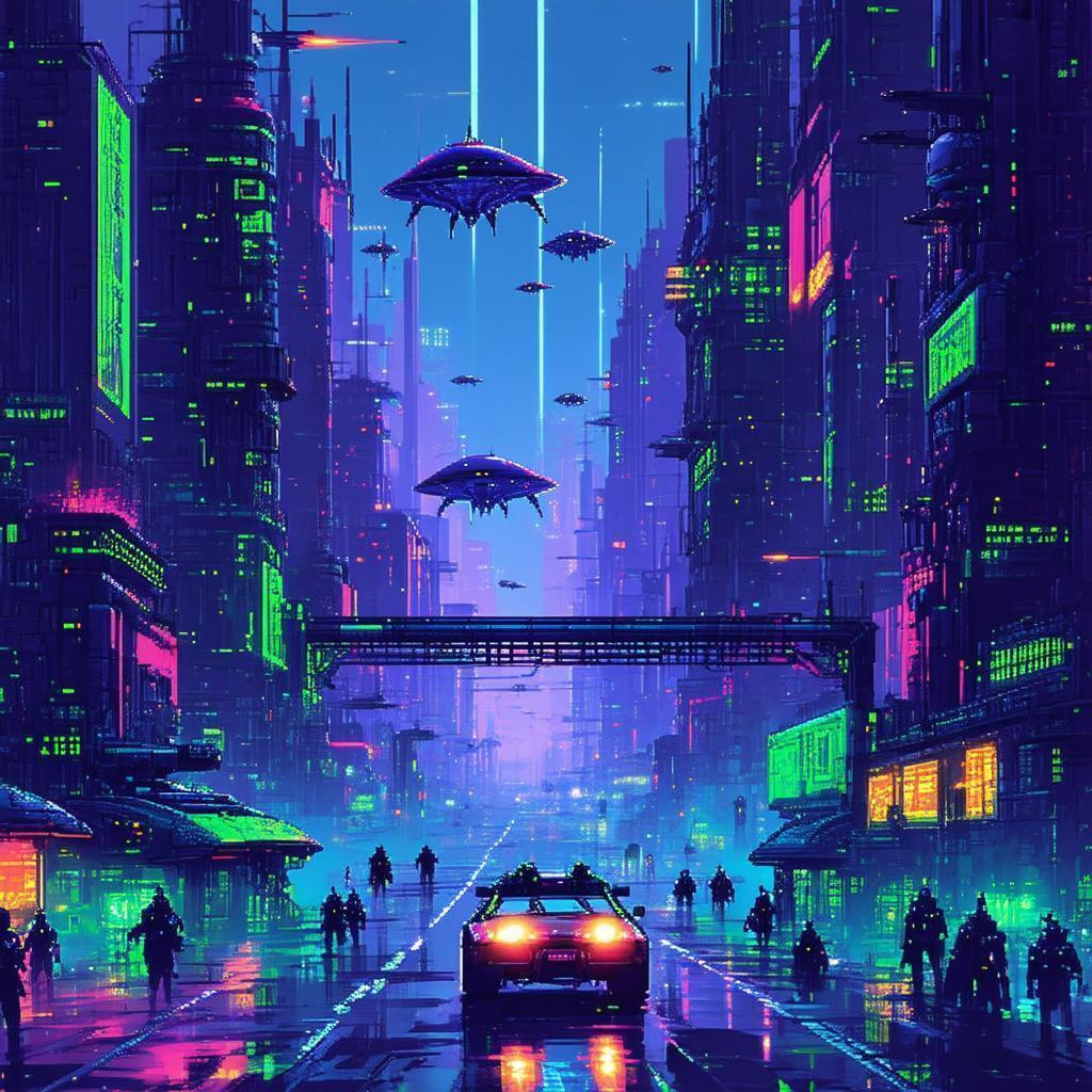 Pixel Aliens Invading a Cyberpunk City