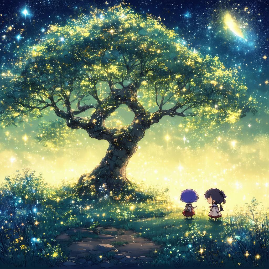 Magical Tree and Chibi Campers Under Stars