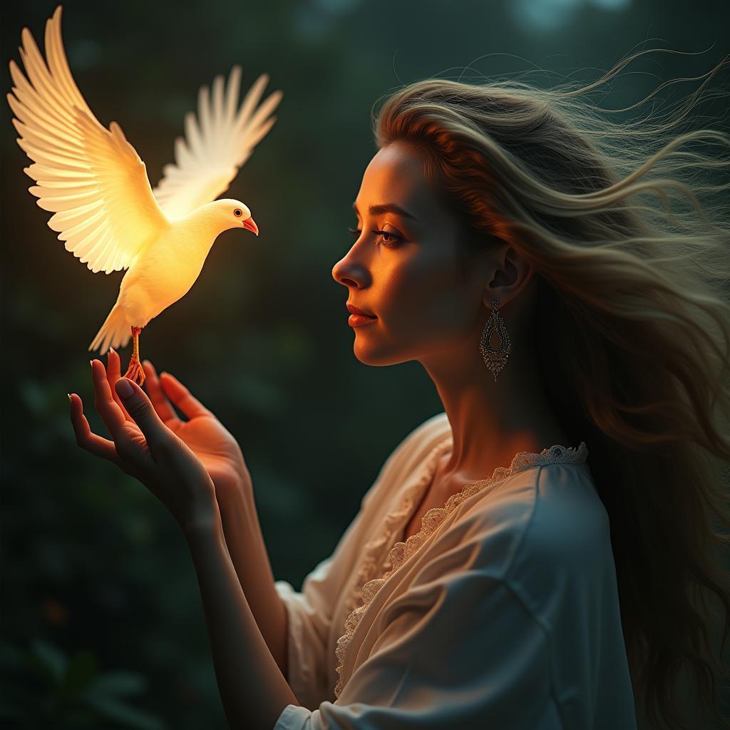 Woman With Flowing Hair Beside Glowing Bird