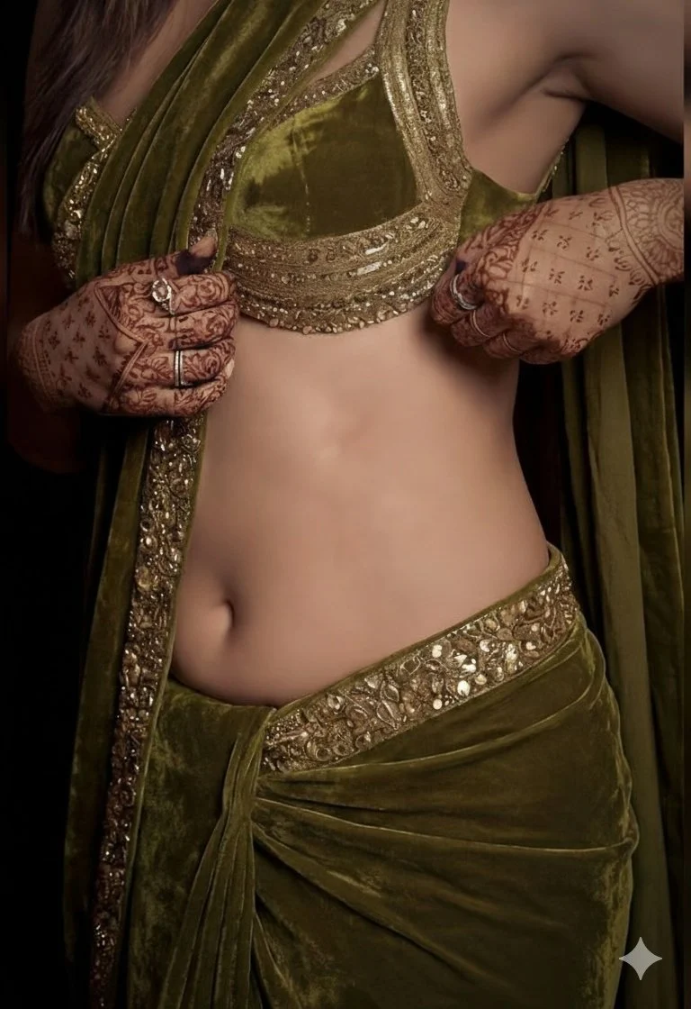 Olive Green Velvet Saree Fashion Portrait