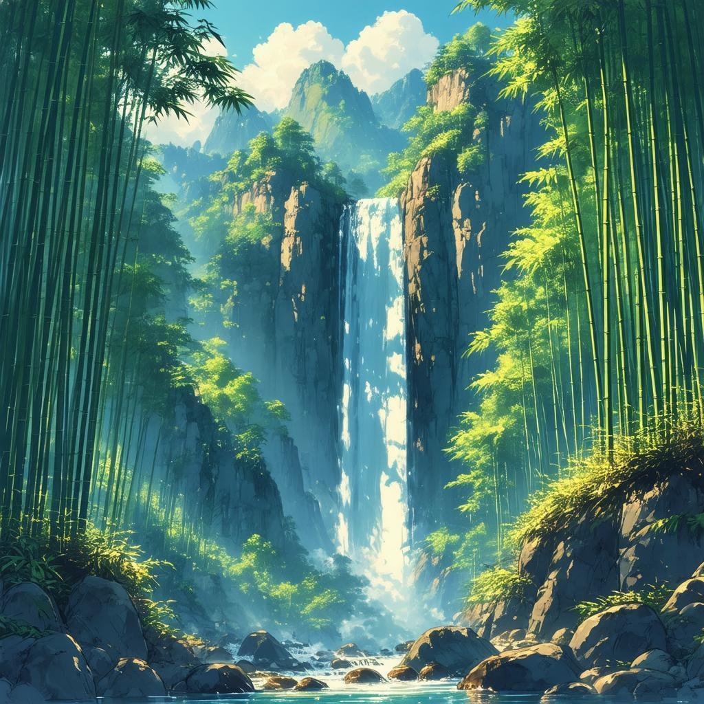 Misty Bamboo Forest Waterfall in Ghibli Style