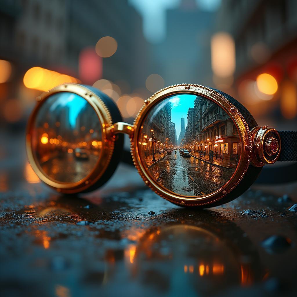 Golden Goggles Reflecting Miniature City Worlds