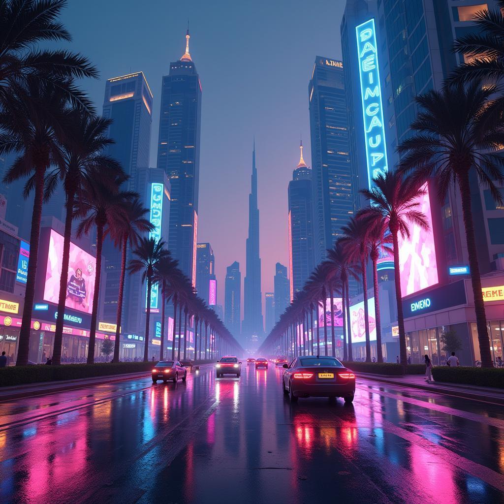 Neon Dubai Skyline With Holographic Billboards