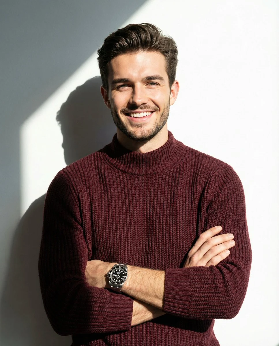 Man in Maroon Sweater Studio Portrait