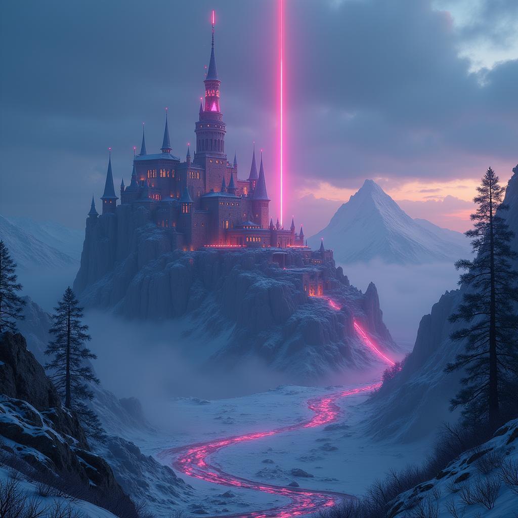 Neon Fortress Spire Above a Frosty Valley