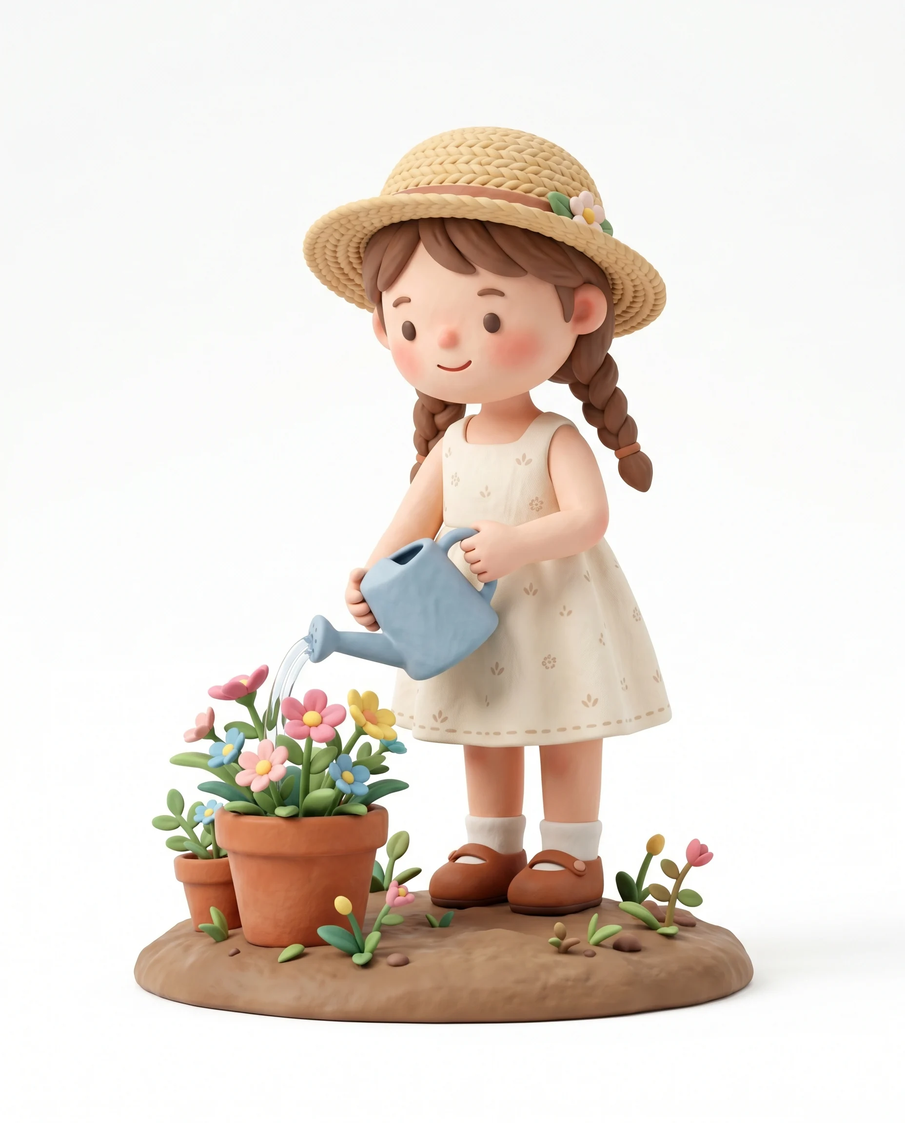 Clay Girl Watering Flowers