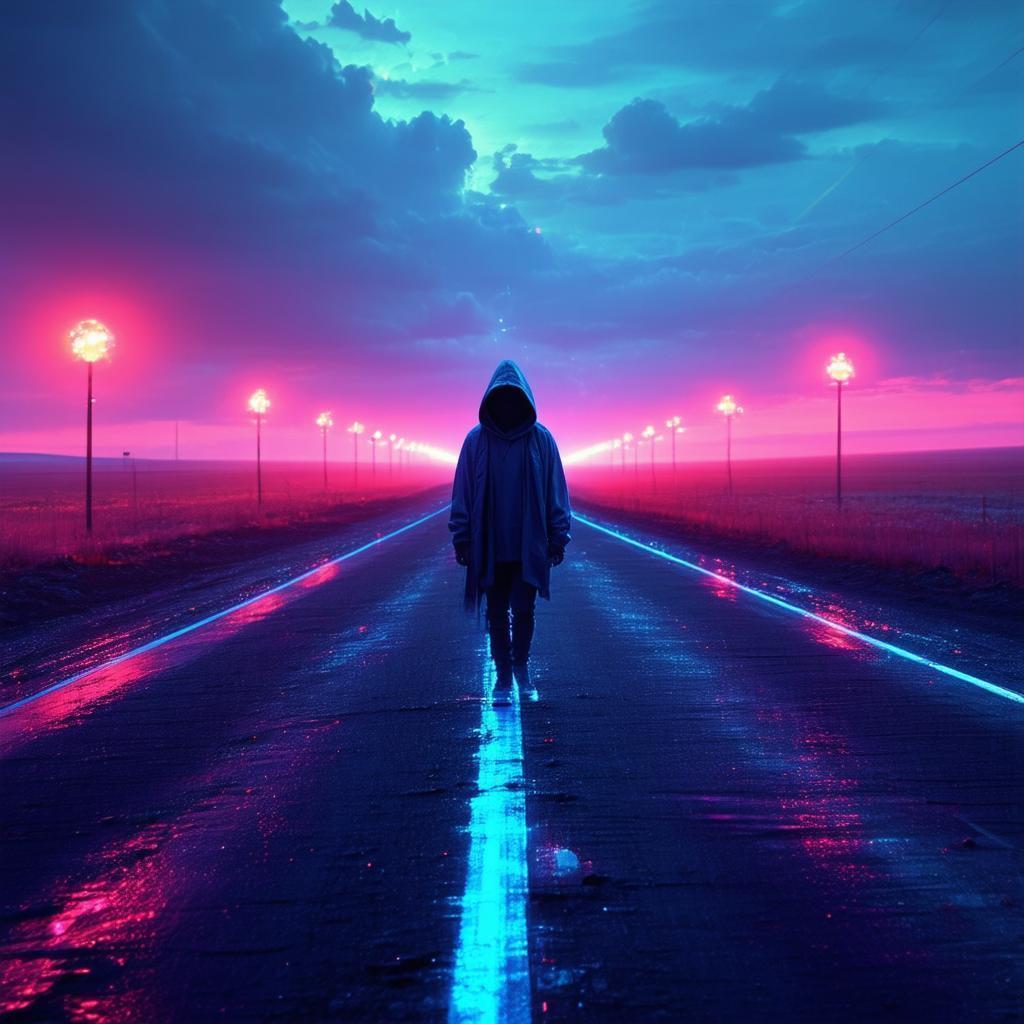Hooded Traveler on a Neon Country Highway