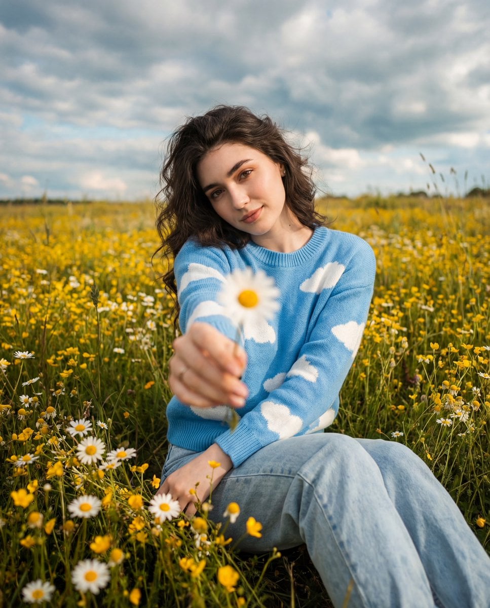 Daisy Girl in Wildflower Field