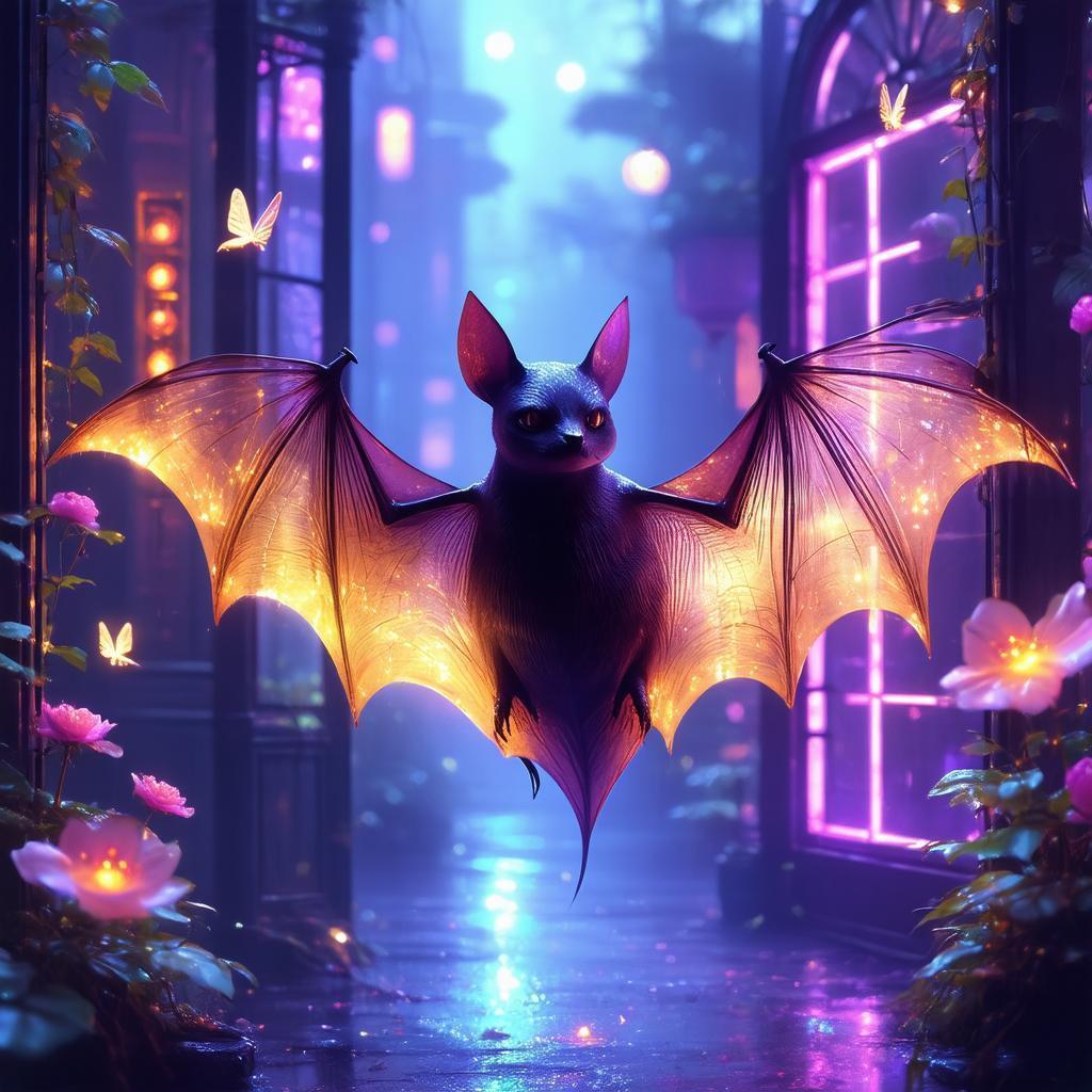 Cyberpunk Bat With Shimmering Amethyst Wings