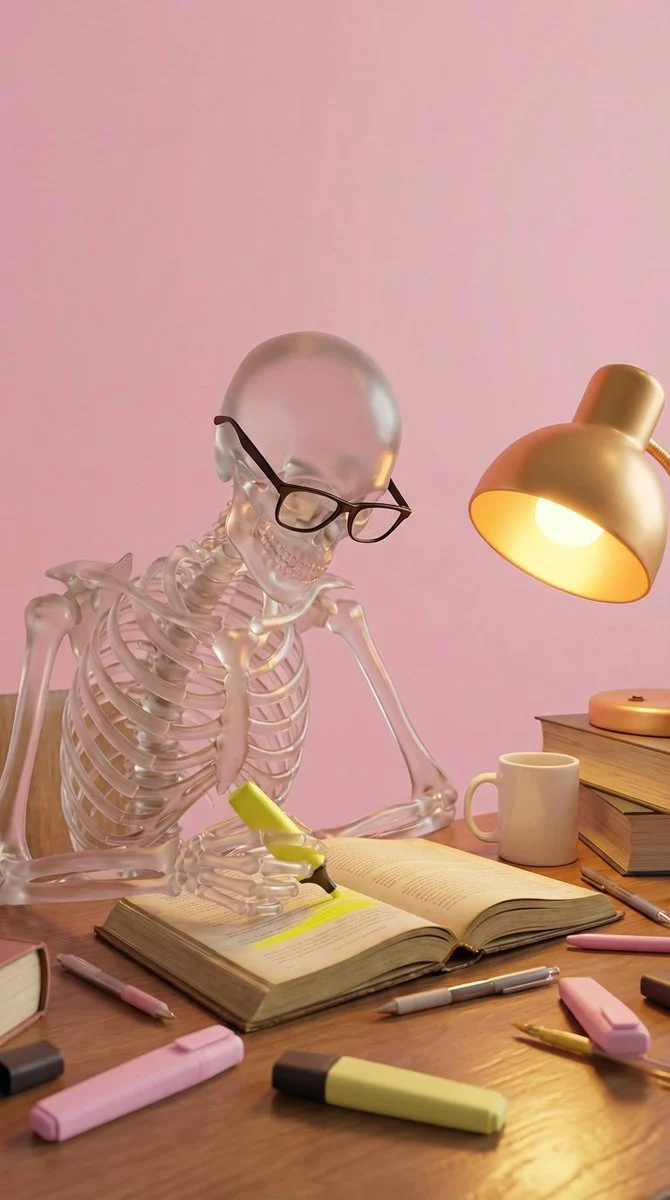 Glass Skeleton Studying at Desk