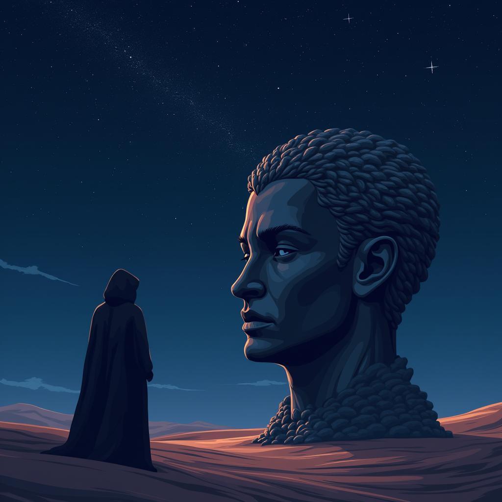 Cloaked Figure Before a Desert Head Sculpture