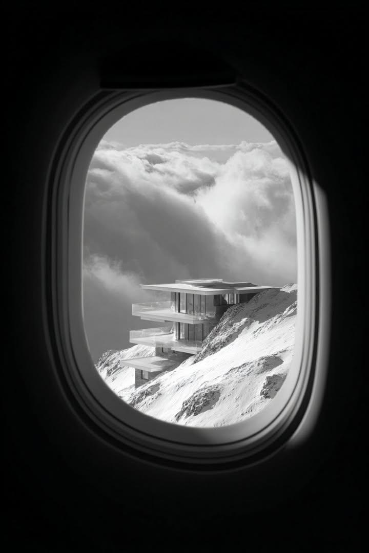 Futuristic Mountain House From Airplane Window
