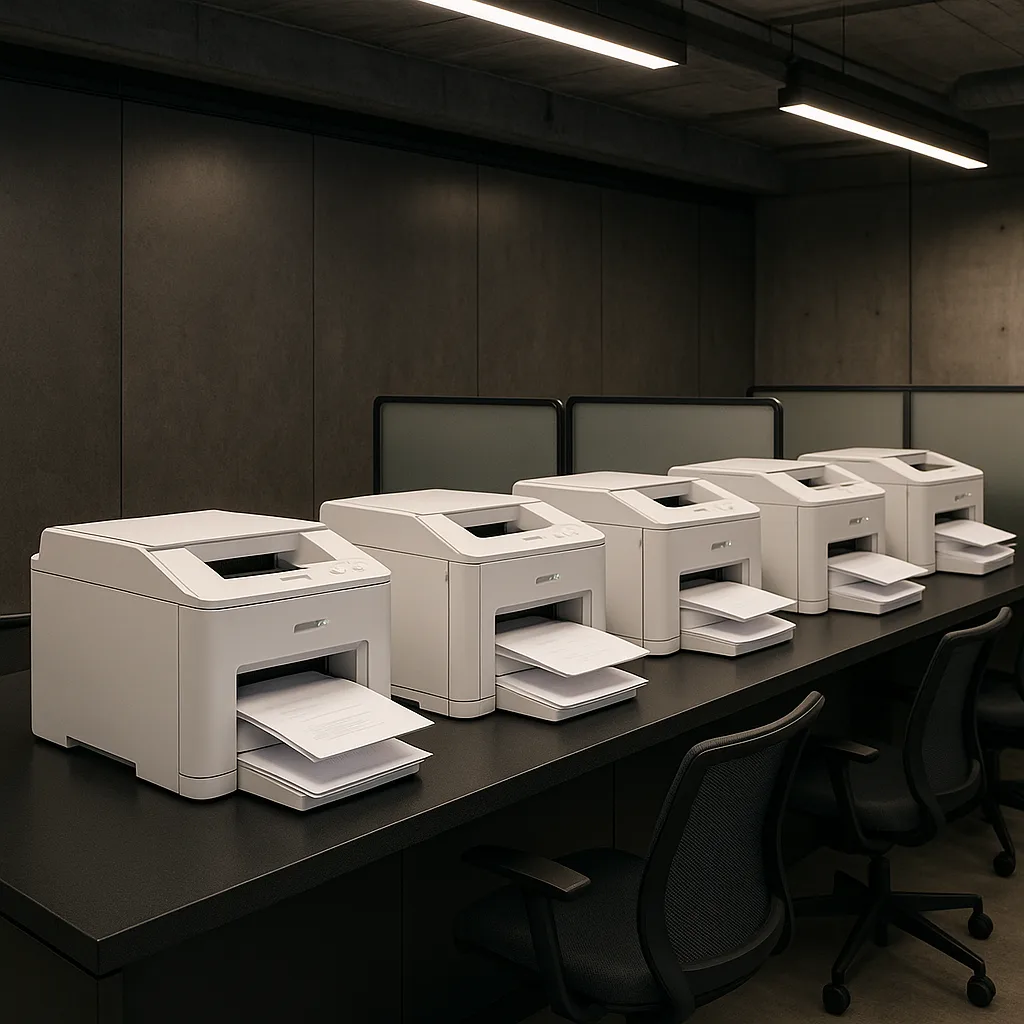 Five Sleek White Printers Sit in a Row