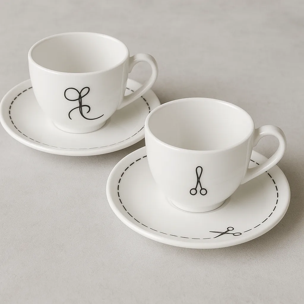 Set of White Teacup and Saucers with Black Line Designs