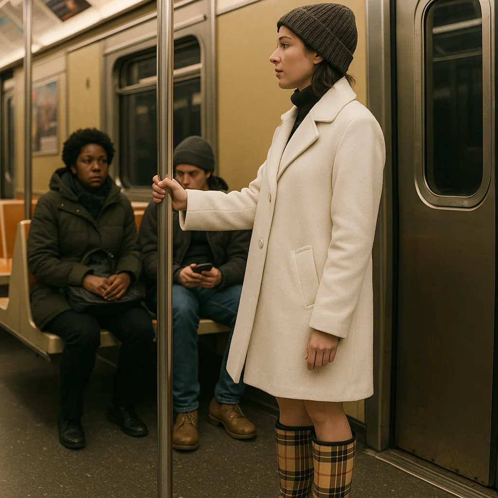 Person in a White Coat and Plaid Boots Stands